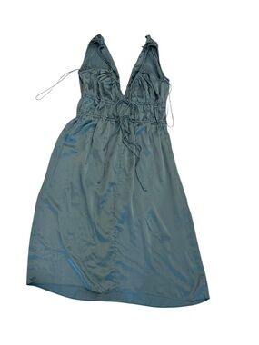 Worn once peacock sea green Grecian style low V neck satin midi dress S M